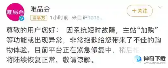唯品会回应系统出现故障